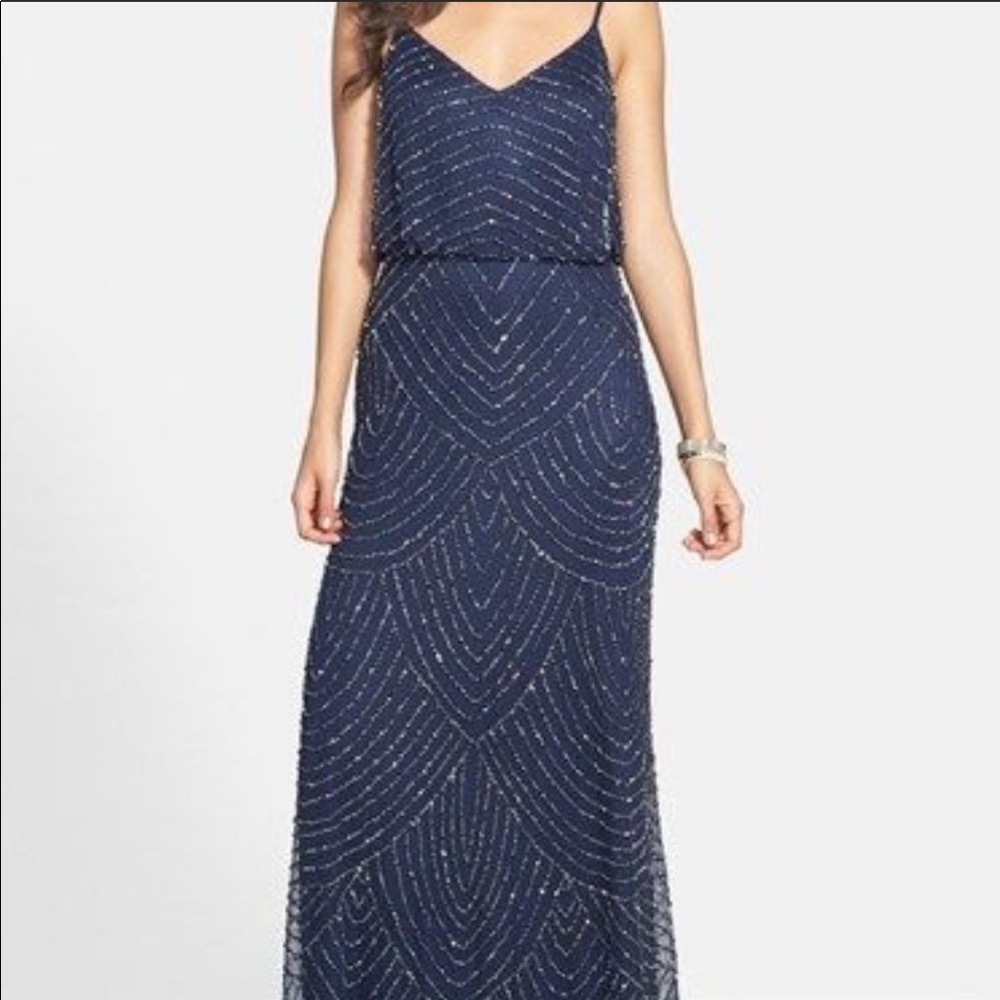 Adrianna Papell Art Deco Beaded Gown Navy Blue